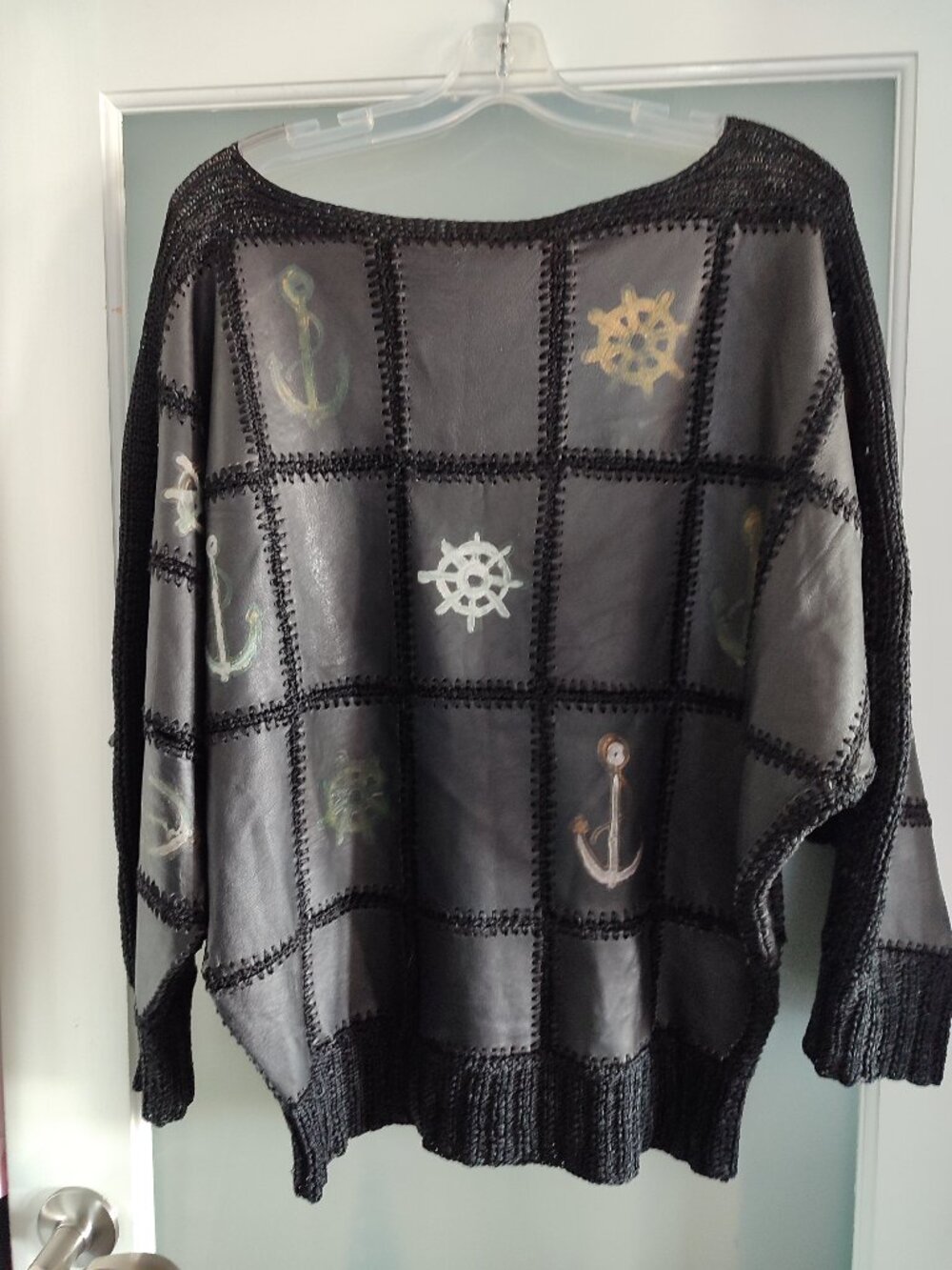 Vintage 80s Genuine Leather Patchwork Knit Sweater Hand Painted Nautical  S/M